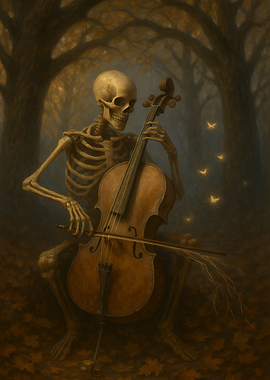 Skeleton Playing Cello in Twilight Woods