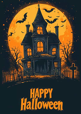 Halloween Haunted House with Full Moon