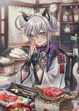 Anime Boy with Cat Ears at Restaurant