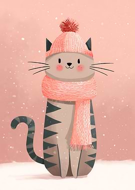 Winter Cat with Hat and Scarf