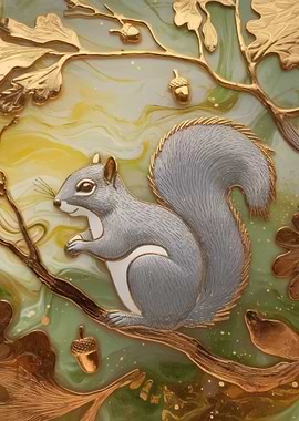 Squirrel on Branch with Acorns