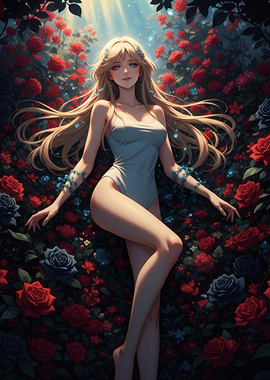 Anime Girl in Rose Garden
