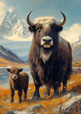 Yak and Calf in Mountain Landscape