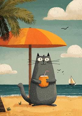 Cat on Beach with Coconut Drink