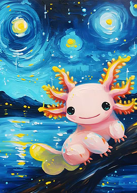 Axolotl Starry Night Painting