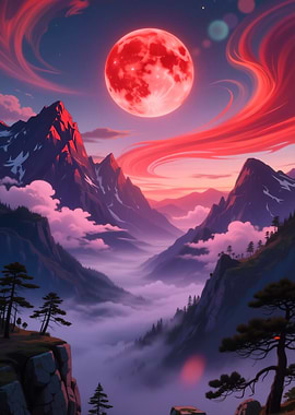 Red Moon Over Mountain Landscape