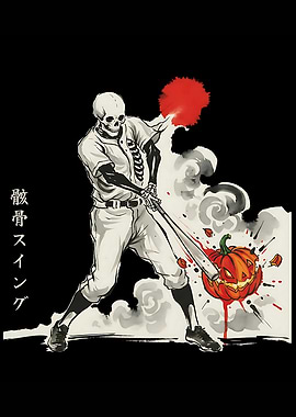 Skeleton Baseball Player Hitting Pumpkin