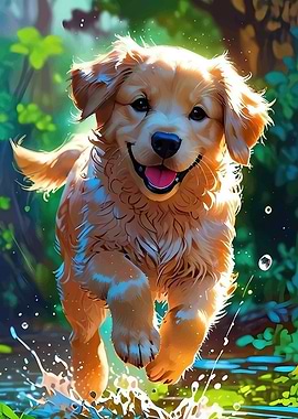 Happy Golden Retriever Running Through Water
