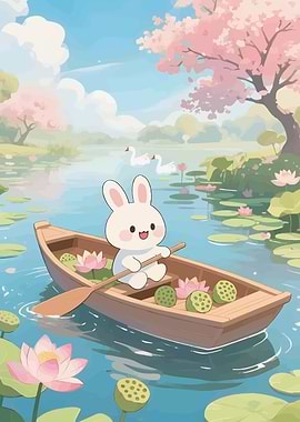 Cute Bunny Boating on a Lily Pond