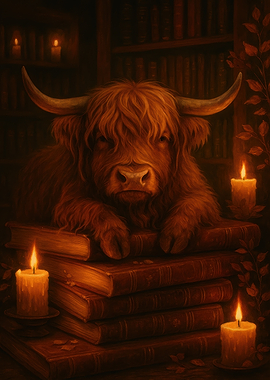 Highland Cow Resting on Books
