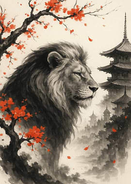 Lion in Japanese Landscape Art