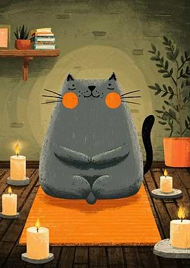 Meditating Cat with Candles Illustration