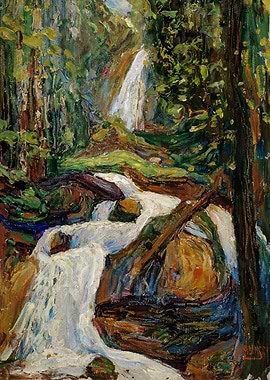 Waterfall in Forest Painting