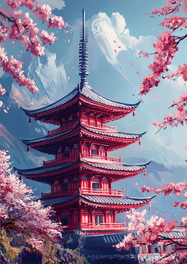 Japanese Pagoda with Cherry Blossoms