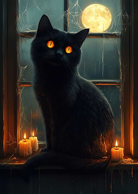 Black Cat in Window with Candles