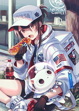 Anime Girl Astronaut with Cat and Hotdog