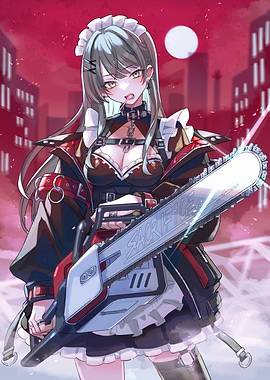 Anime Girl with Chainsaw in Cityscape