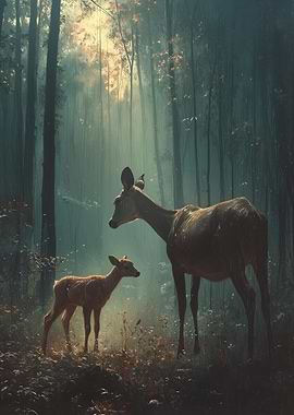 Deer and Fawn in Forest