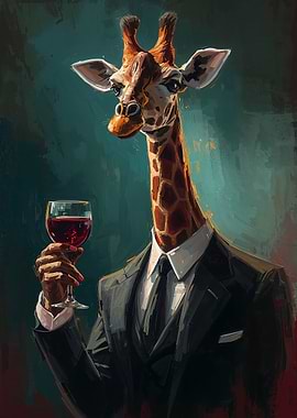 Giraffe in Suit with Wine