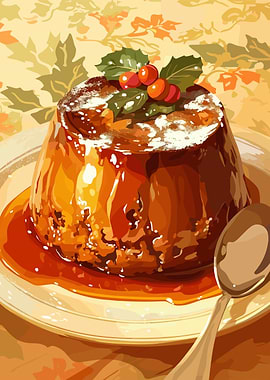 Christmas Pudding with Holly and Spoon
