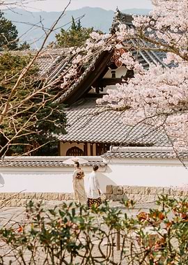 Japanese Temple Geisha with Cherry Blossoms