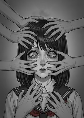 Monochrome Anime Girl Surrounded by Hands