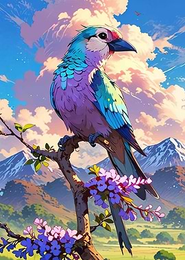 Colorful Bird on Branch with Flowers