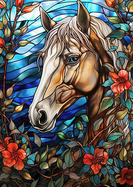 Stained Glass Horse Portrait with Flowers
