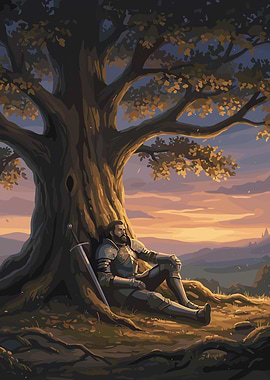 Resting Knight Under Tree at Sunset