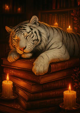 Sleeping White Tiger on Books
