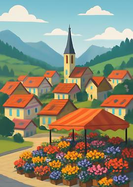 Charming Village Flower Market Illustration