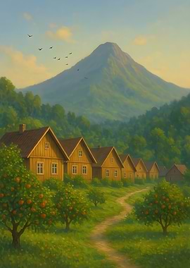 Rural Village Landscape with Mountain Backdrop