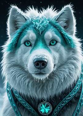 Icy Teal Wolf — Mystical Arctic Canine Portrait with Gem