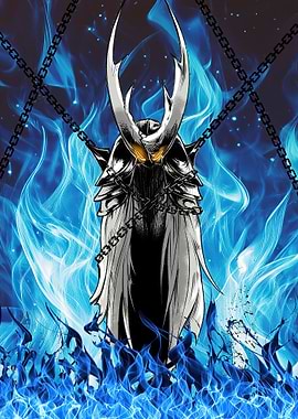 Hollow Knight character with blue flames