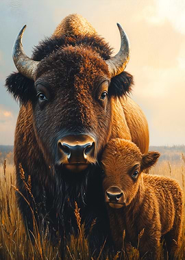 Bison Mother and Calf Portrait