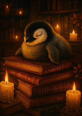 Sleeping Penguin on Books with Candles