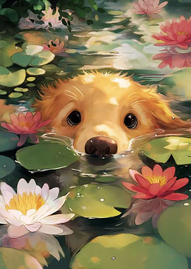 Dog in Water Lilies Pond