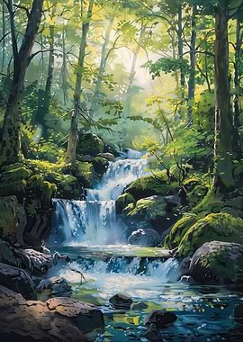 Lush Forest Waterfall Painting