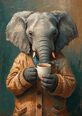 Elephant in Cardigan Drinking Coffee
