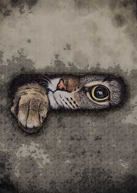 Cat Peeking Through Hole Illustration