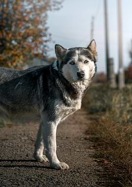 Husky Portrait on a Rural Road