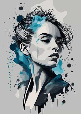 Woman Portrait with Blue Watercolor Accents