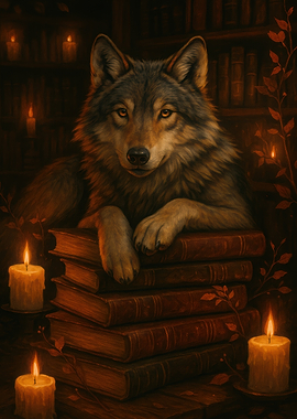 Wolf Resting on Books with Candles