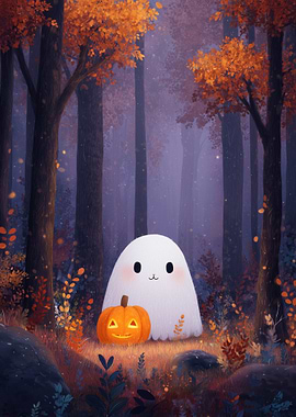 Cute Ghost and Pumpkin in Autumn Forest