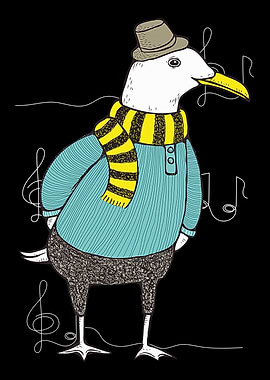 Dapper Seagull with Musical Notes