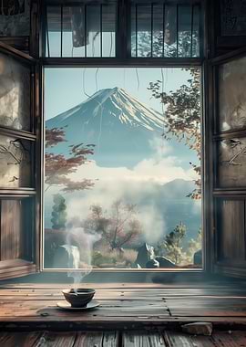 Mount Fuji view from window with tea