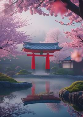 Japanese Garden with Torii Gate and Cherry Blossoms