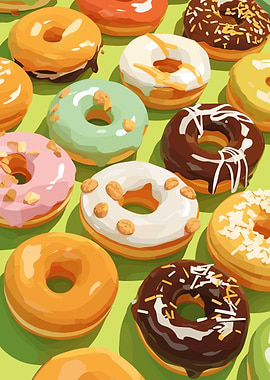 Colorful Donuts on Green Background