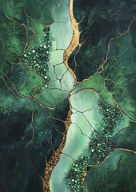 Emerald River Abstract Painting with Gold