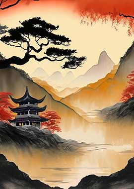 Japanese Temple in Mountain Landscape